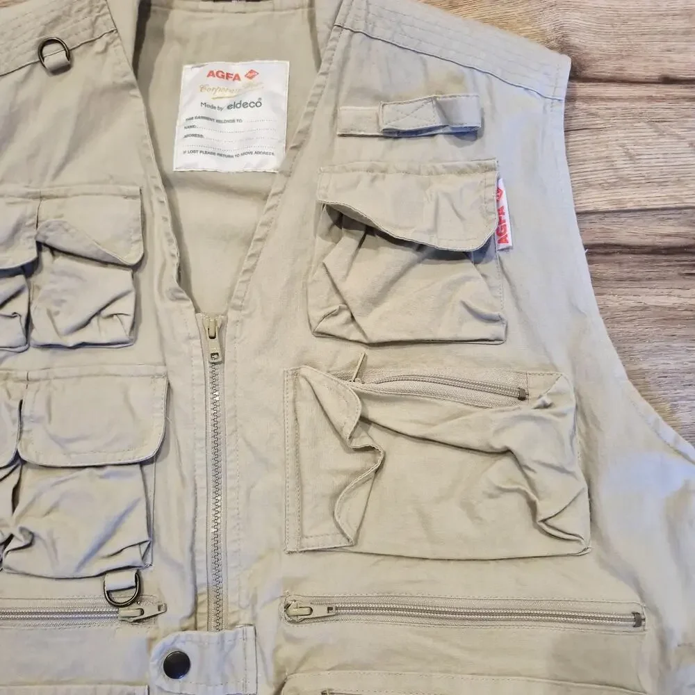 AGFA Eldeco Corporate Wear Utility Fishing Safari Vest Tan Multi Pocket Zip Mens